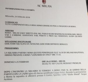 Milan in partenza per Roma, orari e programmi in vista dei due match nella Capitale 29 Programma Roma-Milan