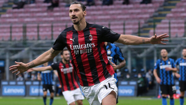Zlatan Ibrahimovic of AC Milan celebrates after scoring to give the side a 2 0 lead during the Serie A match at Giuseppe
