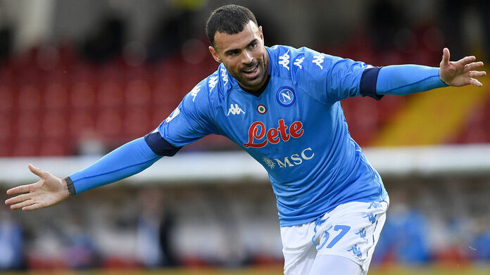 Andrea Petagna of SSC Napoli celebrates after scoring 1-2 during the Serie A match between Benevento and Napoli at Stadi Petagna