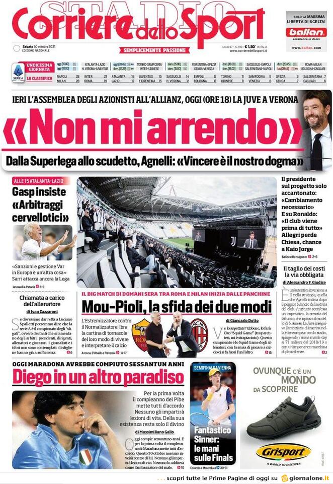 Le prime pagine dei Quotidiani Sportivi in edicola questa mattina 34 corriere dello sport 2021 10 30 617cc9eeb24a6
