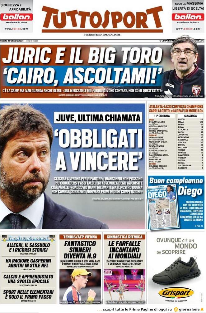 Le prime pagine dei Quotidiani Sportivi in edicola questa mattina 33 tuttosport 2021 10 30 617ccab559fcb