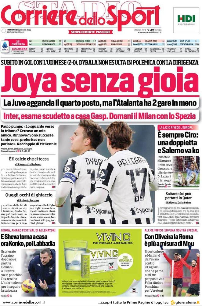 Rassegna stampa: prime pagine quotidiani sportivi – 16 gennaio 2022 28 corriere dello sport 002958846