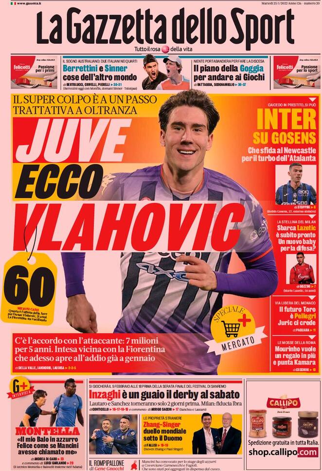 Rassegna stampa: prime pagine quotidiani sportivi – 25 gennaio 2022 27 la gazzetta dello sport 063856850