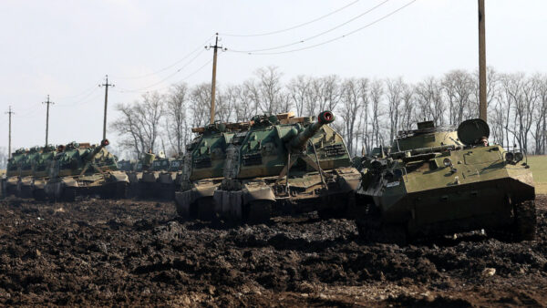 ROSTOV ON DON REGION, RUSSIA FEBRUARY 22, 2022: Armoured vehicles move along. On February 21, Russia recognized the Do