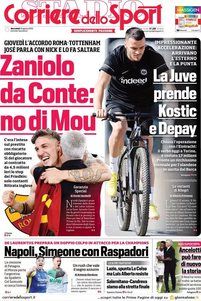 Rassegna stampa: prime pagine quotidiani sportivi – 10 agosto 2022 28 corriere dello sport 065824702