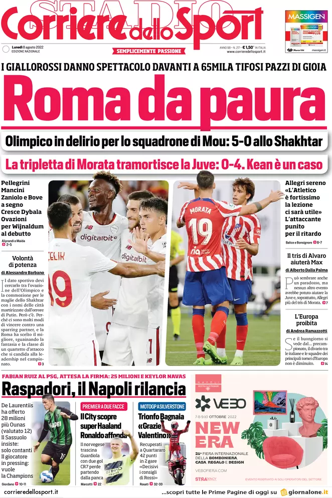 Rassegna stampa: prime pagine quotidiani sportivi – 8 agosto 2022 29 corriere dello sport 065916988