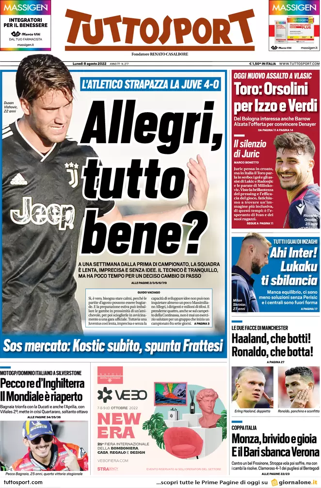 Rassegna stampa: prime pagine quotidiani sportivi – 8 agosto 2022 28 tuttosport 065931803