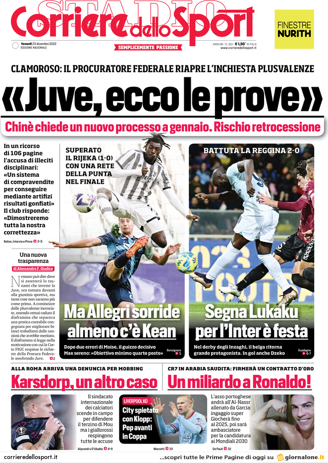 Rassegna stampa: prime pagine quotidiani sportivi - 23 dicembre 2022 28 corriere dello sport 061845710.webp