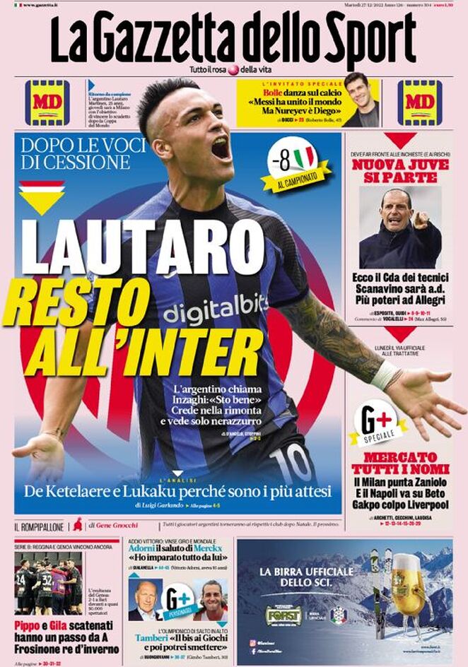 Rassegna stampa: prime pagine quotidiani sportivi - 27 dicembre 2022 1 la gazzetta dello sport 005303817.webp