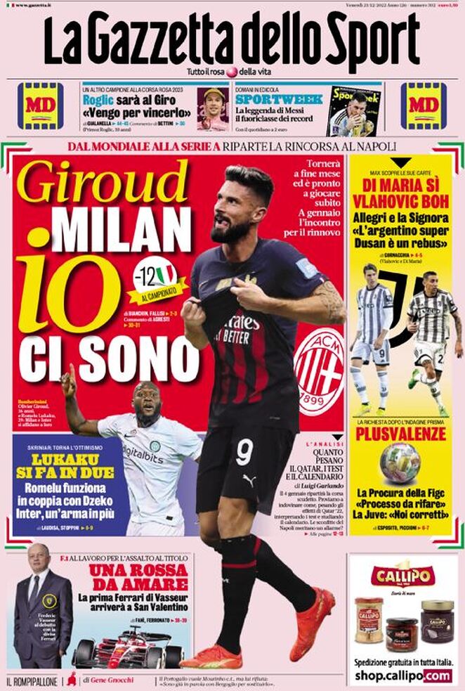 Rassegna stampa: prime pagine quotidiani sportivi - 23 dicembre 2022 27 la gazzetta dello sport 053301473.webp