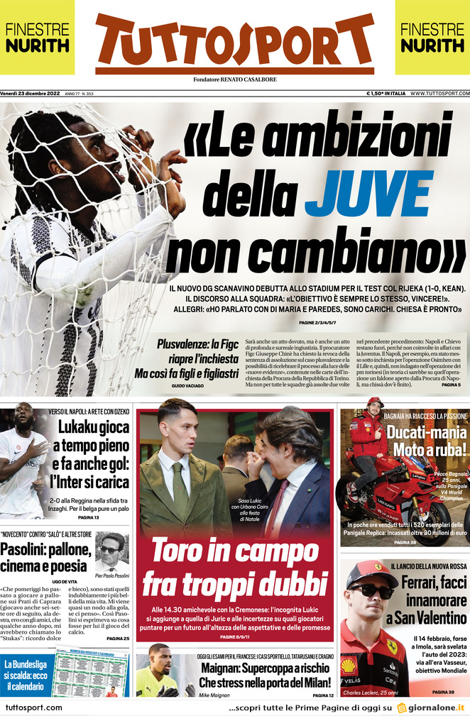 Rassegna stampa: prime pagine quotidiani sportivi - 23 dicembre 2022 29 tuttosport 062233059.webp