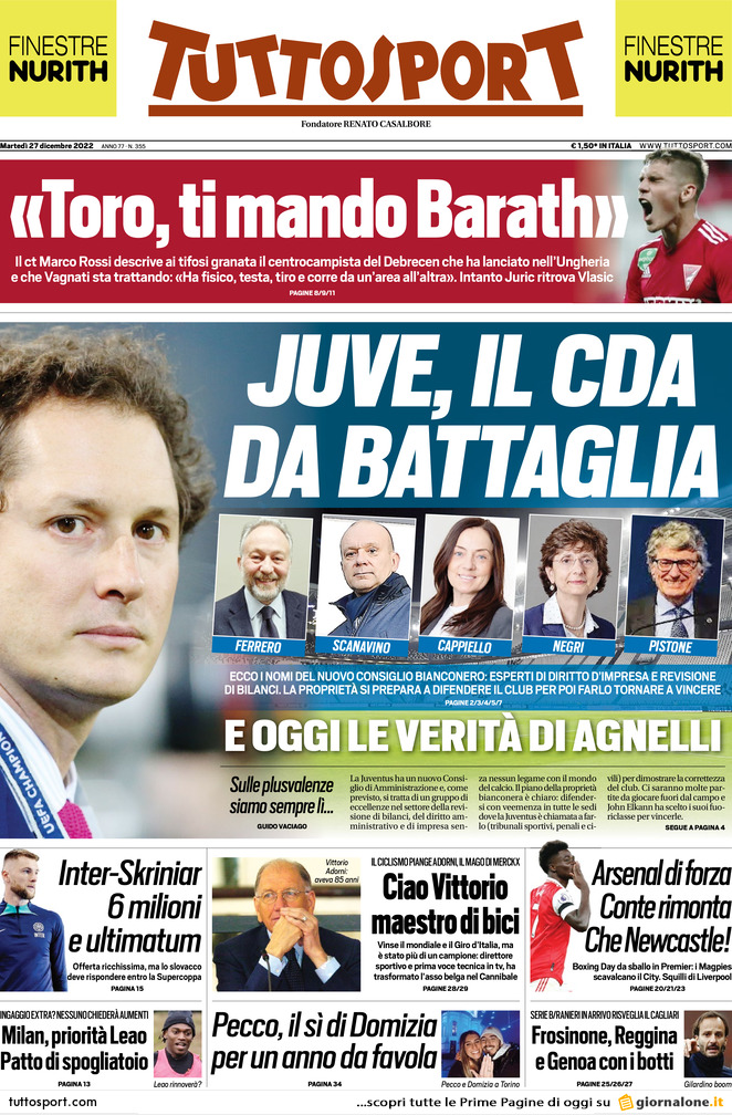 Rassegna stampa: prime pagine quotidiani sportivi - 27 dicembre 2022 29 tuttosport 064954800.webp