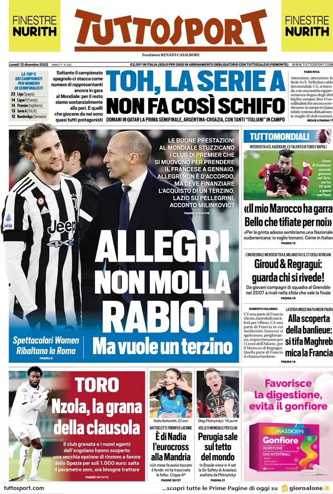 Rassegna stampa: prime pagine quotidiani sportivi - 12 dicembre 2022 29 tuttosport 072418795