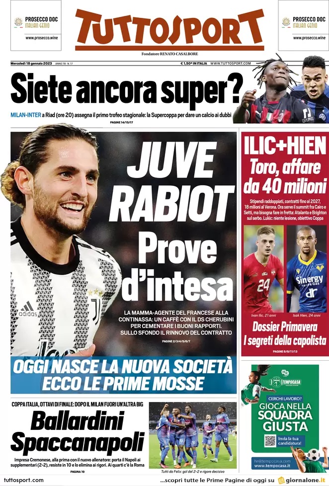 Rassegna stampa: prime pagine quotidiani sportivi - 18 gennaio 2023 29 JPEG tuttosport
