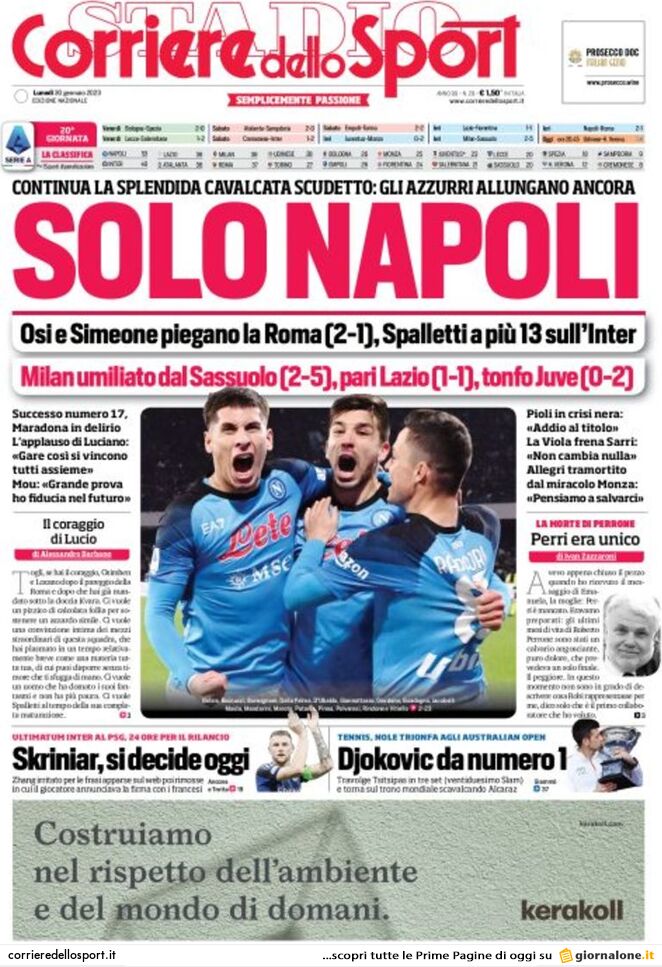Rassegna stampa: prime pagine quotidiani sportivi - 30 gennaio 2023 28 corriere dello sport 003312671.webp