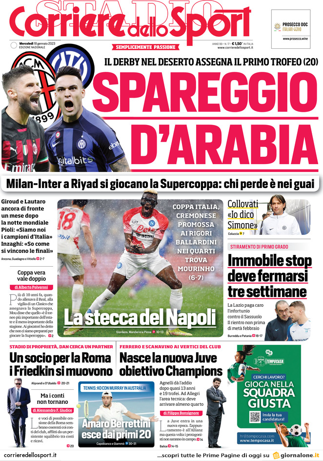 Rassegna stampa: prime pagine quotidiani sportivi - 18 gennaio 2023 28 corriere dello sport 062803008.webp