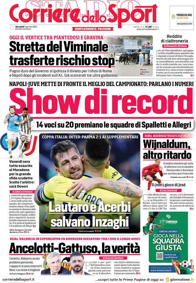 Rassegna stampa: prime pagine quotidiani sportivi - 11 gennaio 2023 28 corriere dello sport 065407909.webp