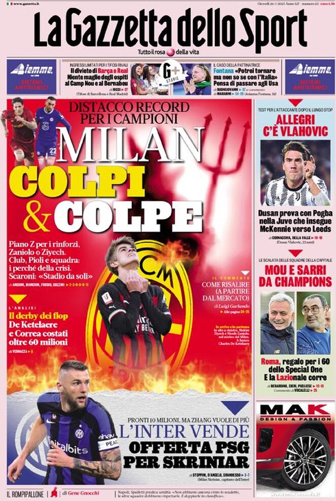 Rassegna stampa: prime pagine quotidiani sportivi - 26 gennaio 2023 27 la gazzetta dello sport 060302708.webp