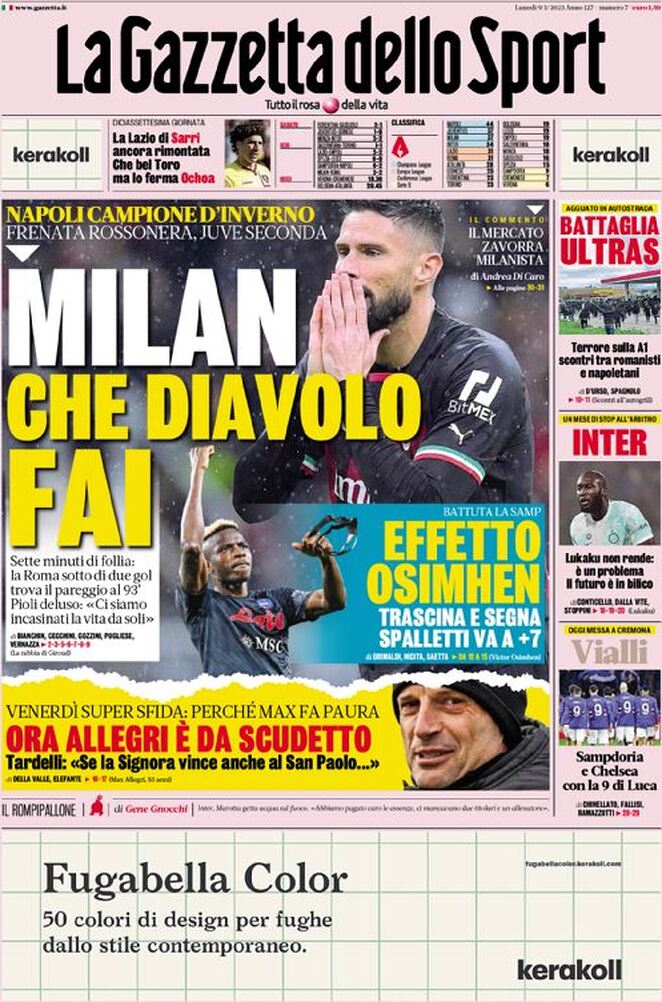 Rassegna stampa: prime pagine quotidiani sportivi - 09 gennaio 2023 27 la gazzetta dello sport 060303014.webp