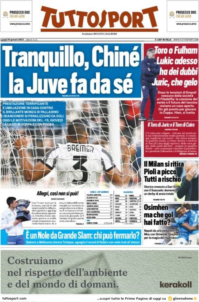 Rassegna stampa: prime pagine quotidiani sportivi - 30 gennaio 2023 29 tuttosport 003307140.webp