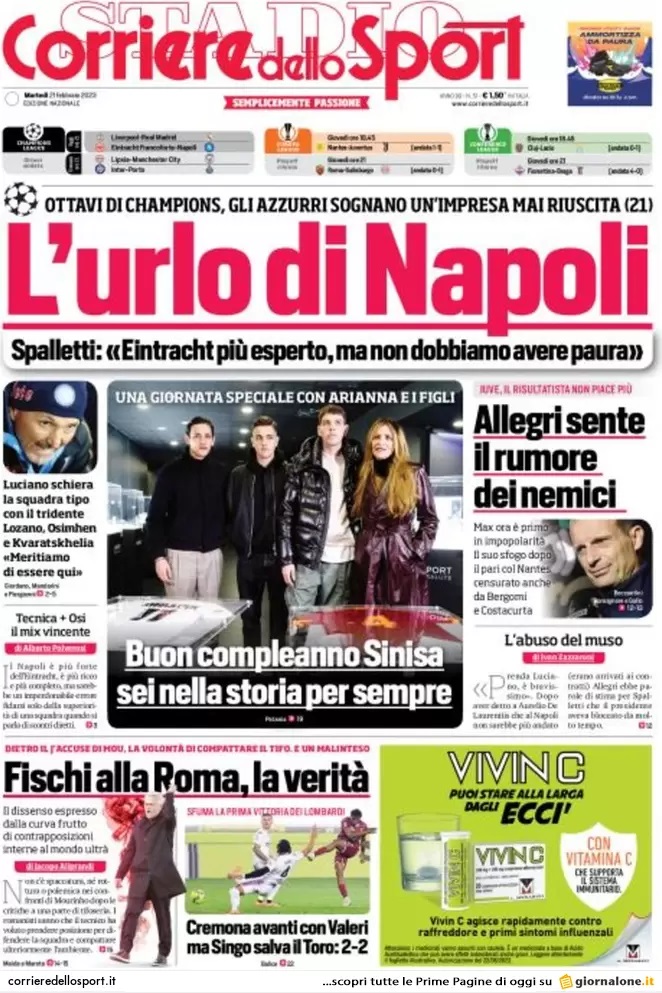 Rassegna stampa: prime pagine quotidiani sportivi - 21 febbraio 2023 29 1.corriere dello sport 002307764
