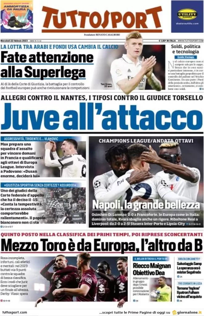 Rassegna stampa: prime pagine quotidiani sportivi - 22 febbraio 2023 29 1.tuttosport 001304859