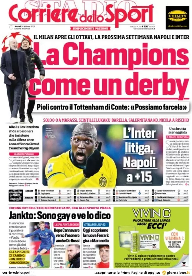 Rassegna stampa: prime pagine quotidiani sportivi - 14 febbraio 2023 28 1corriere dello sport 003316759
