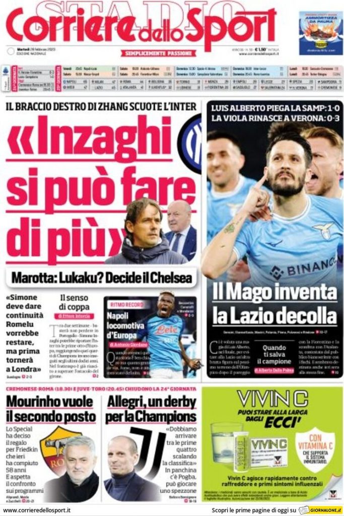 Rassegna stampa: prime pagine quotidiani sportivi - 28 febbraio 2023 28 corriere dello sport 003307635.webp