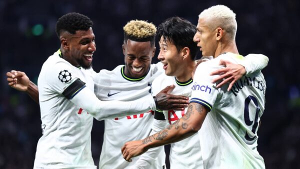 London, England, 12th October 2022. Heung Min Son of Tottenham celebrates scoring their third goal during the UEFA Champ