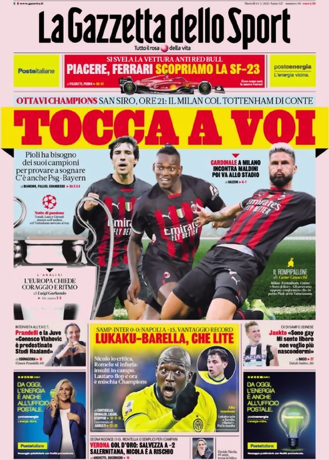 Rassegna stampa: prime pagine quotidiani sportivi - 14 febbraio 2023 27 la gazzetta dello sport 005310290.webp