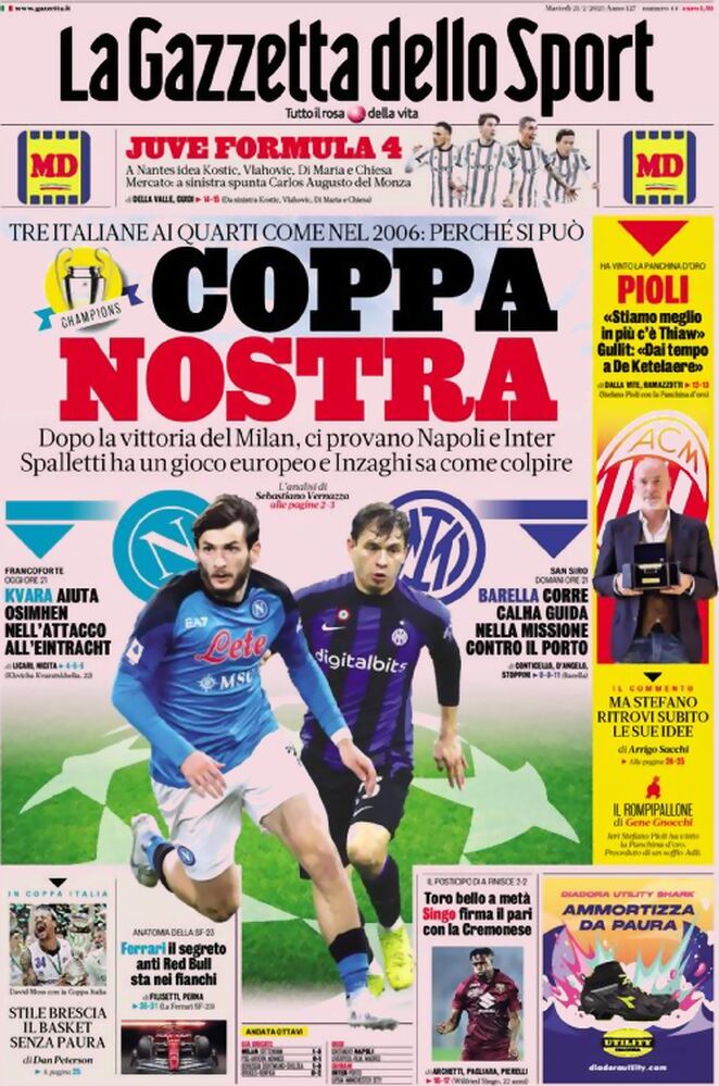 Rassegna stampa: prime pagine quotidiani sportivi - 21 febbraio 2023 27 la gazzetta dello sport 053306216.webp