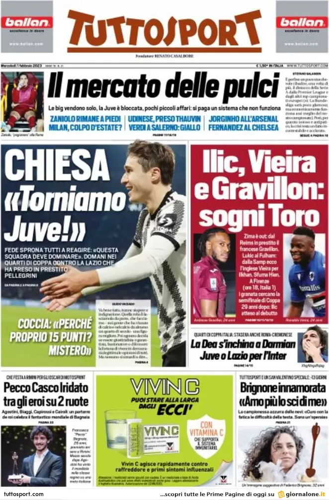 Rassegna stampa: prime pagine quotidiani sportivi - 1 febbraio 2023 28 tuttosport 003305484
