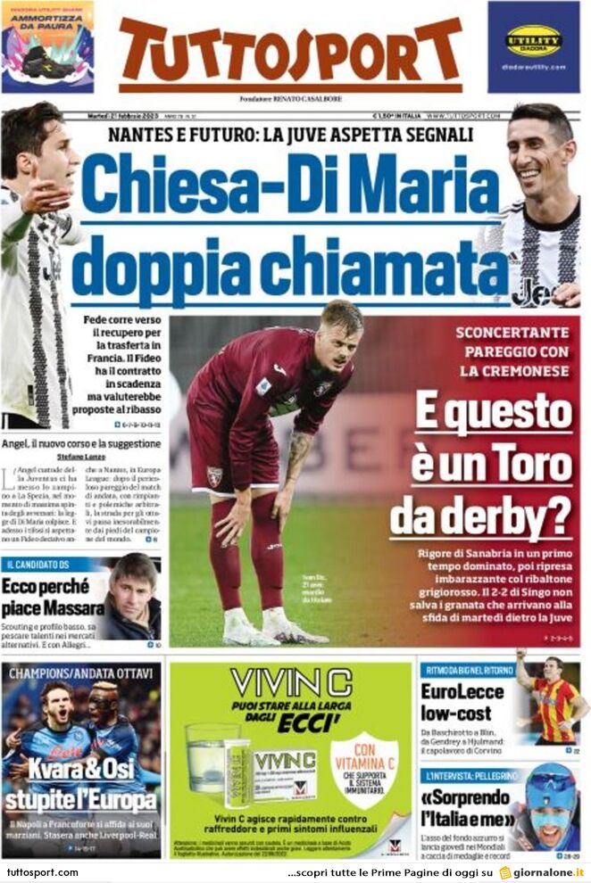 Rassegna stampa: prime pagine quotidiani sportivi - 21 febbraio 2023 28 tuttosport 004305042.webp