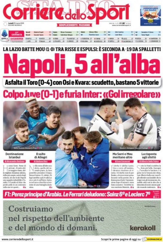 Rassegna stampa: prime pagine quotidiani sportivi - 20 marzo 2023 28 corriere dello sport 003308204.webp