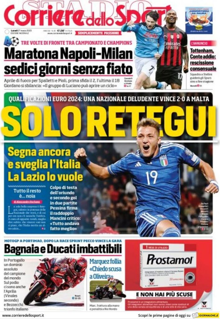 Rassegna stampa: prime pagine quotidiani sportivi- 27 marzo 2023 28 corriere dello sport 004307918.webp