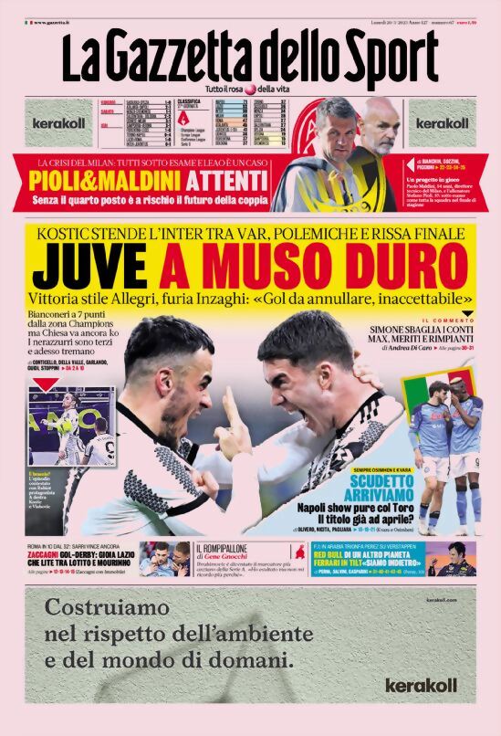 Rassegna stampa: prime pagine quotidiani sportivi - 20 marzo 2023 27 la gazzetta dello sport 005305544.webp