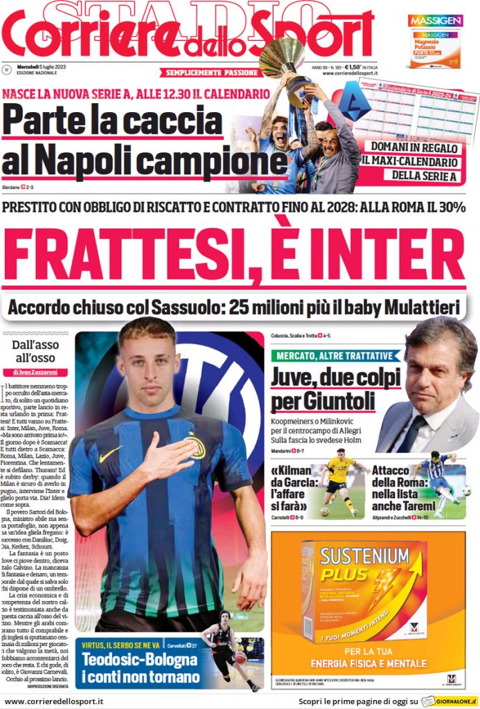 Rassegna stampa: prime pagine quotidiani sportivi - 5 luglio 2023 28 corriere dello sport 011201908.webp