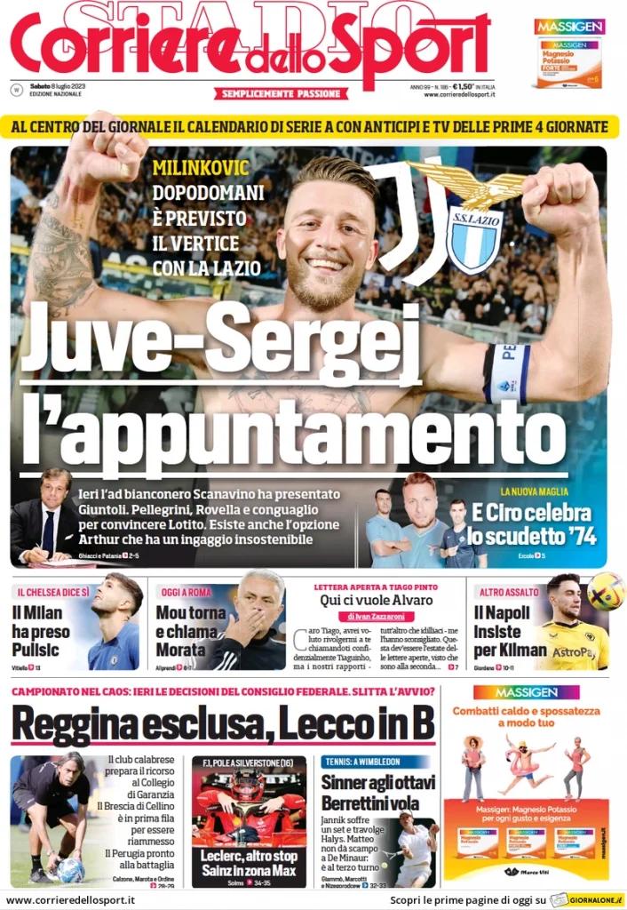 Rassegna stampa: prime pagine quotidiani sportivi - 8 luglio 2023 29 corriere dello sport 011202560