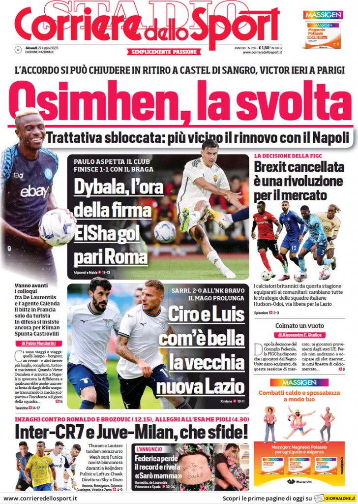 Rassegna stampa: prime pagine quotidiani sportivi - 27 luglio 2023 28 corriere dello sport 011512882.webp