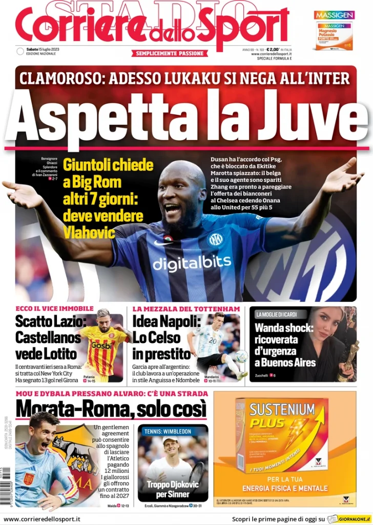 Rassegna stampa: prime pagine quotidiani sportivi - 15 luglio 2023 28 corriere dello sport 070714597