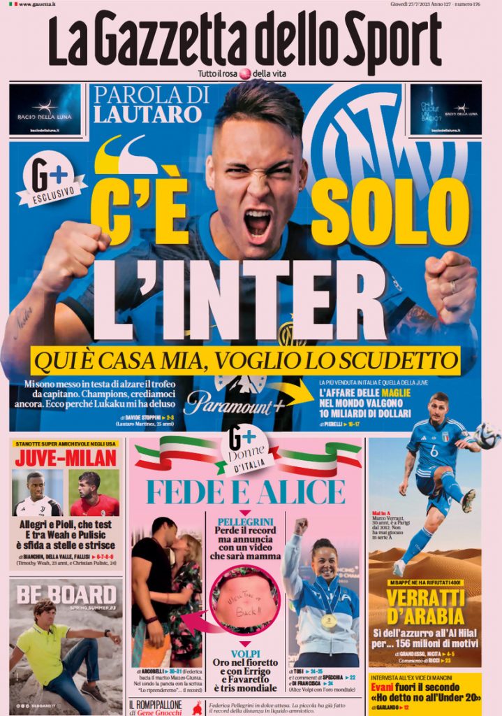Rassegna stampa: prime pagine quotidiani sportivi - 27 luglio 2023 27 la gazzetta dello sport 022307831.webp