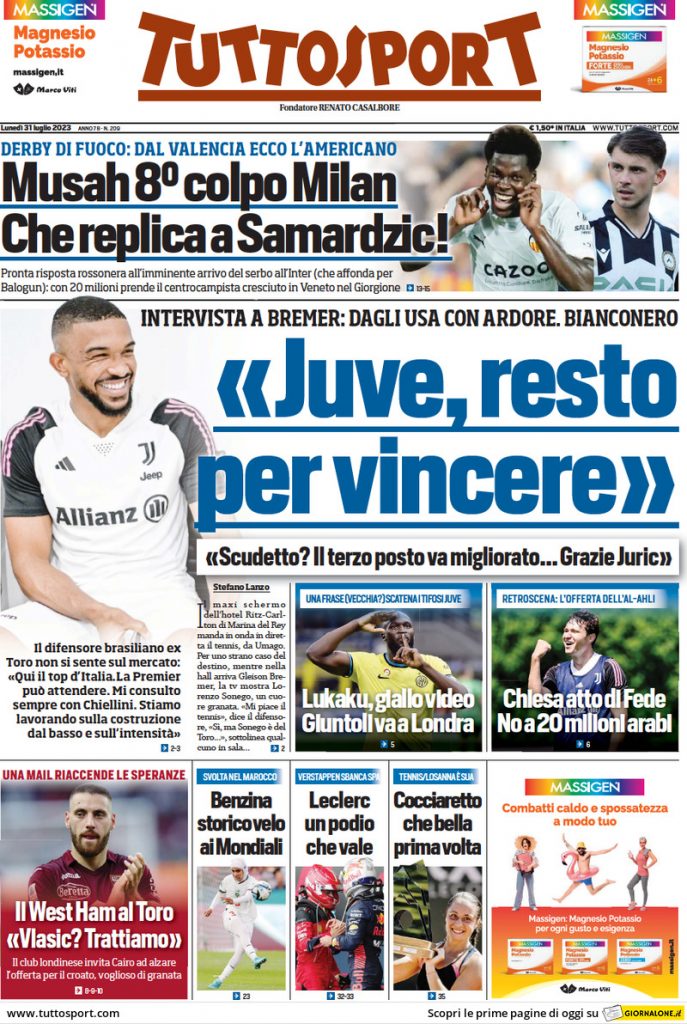 Rassegna stampa: prime pagine quotidiani sportivi - 31 luglio 2023 29 tuttosport 014310349.webp