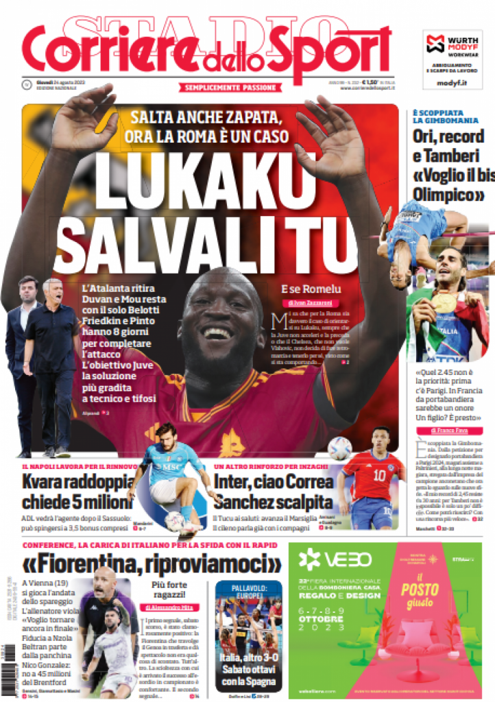 Rassegna stampa: prime pagine quotidiani sportivi - 24 agosto 2023 28 IMG 5525