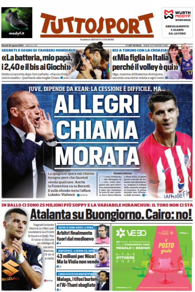 Rassegna stampa: prime pagine quotidiani sportivi - 24 agosto 2023 29 IMG 5526