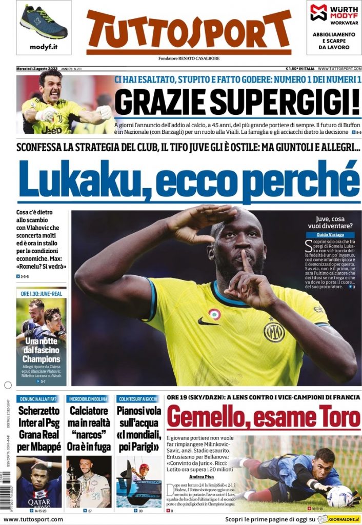 Rassegna stampa: prime pagine quotidiani sportivi - 2 agosto 2023 29 Tuttosport
