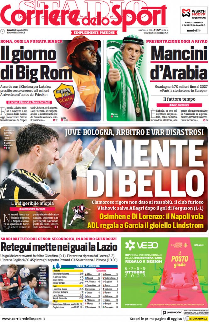 Rassegna stampa: prime pagine quotidiani sportivi - 28 agosto 2023 28 corriere dello sport 010011886.webp