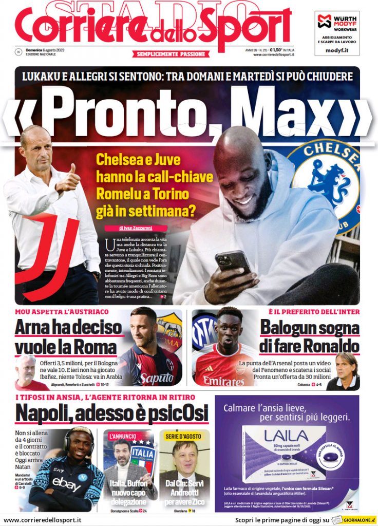 Rassegna stampa: prime pagine quotidiani sportivi - 6 agosto 2023 28 corriere dello sport 011204776.webp
