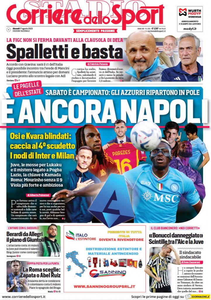 Rassegna stampa: prime pagine quotidiani sportivi - 17 agosto 2023 28 corriere dello sport 013012733.webp