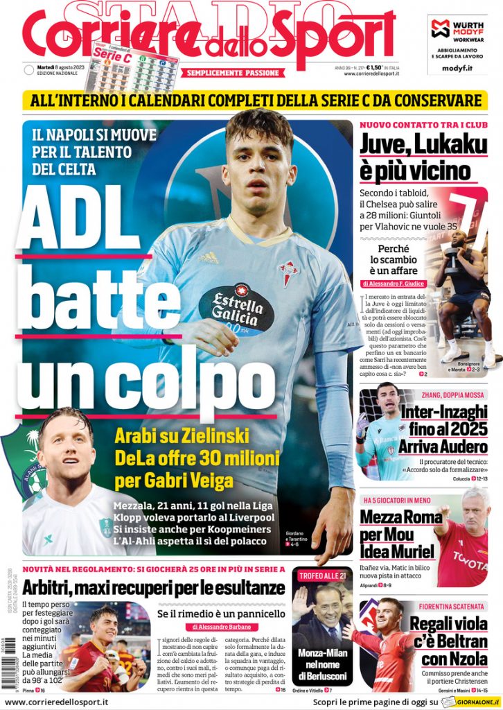 Rassegna stampa: prime pagine quotidiani sportivi - 8 agosto 2023 28 corriere dello sport 070801748.webp