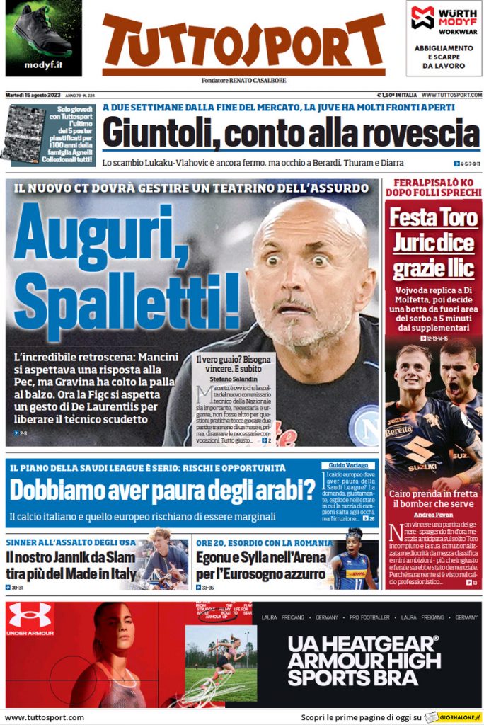 Rassegna stampa: prime pagine quotidiani sportivi - 15 agosto 2023 29 tuttosport 014304786.webp